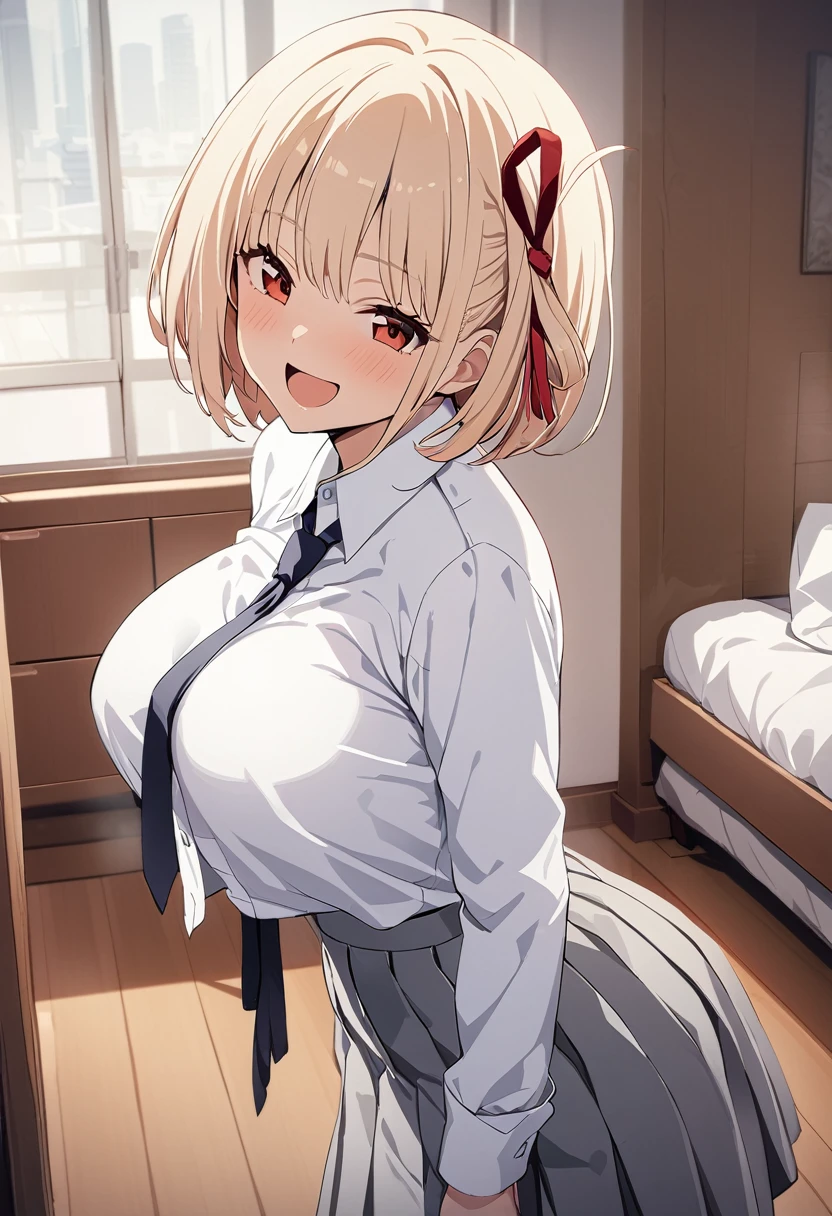 masterpiece, Highest quality, One Girl, game cg  nishikigi chisato, Bobcut, Hair Ribbon, White shirt、 Grey pleated skirt,Thin tie ribbon, Long sleeve, Large Breasts, Bedroom, Wink, Are standing,Open your mouth、 smile、From the side:0.5、Eyes half closed