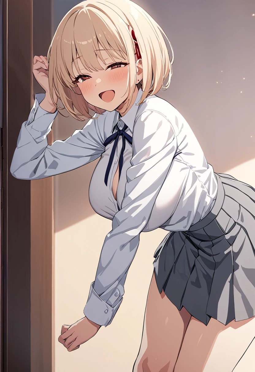 masterpiece, Highest quality, One Girl, game cg  nishikigi chisato, Bobcut, Hair Ribbon, White shirt、 Grey pleated skirt,Thin tie ribbon, Long sleeve, Large Breasts, Bedroom, Wink, Are standing,Open your mouth、 smile、From the side:0.5、Eyes half closed