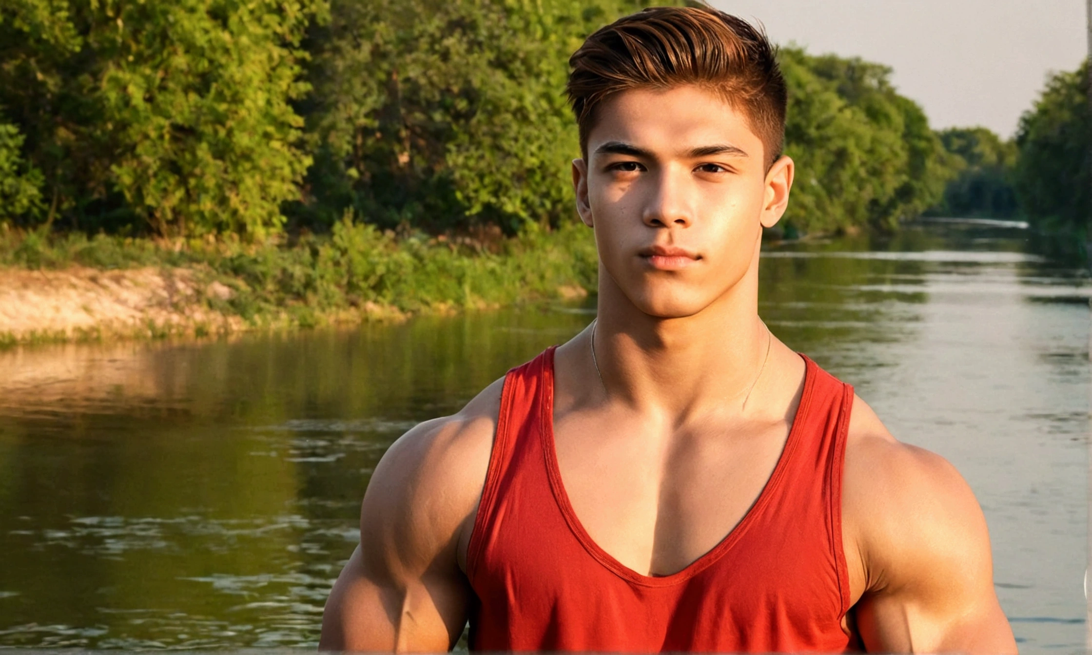cool guy,18yr old,euro face,musculature,Wide shoulders,Five meters away,the setting sun,River side