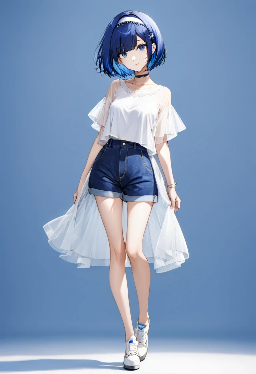 blue hair,blue eyes,short hair,jewelry hairband, short hair, bob cut,full body