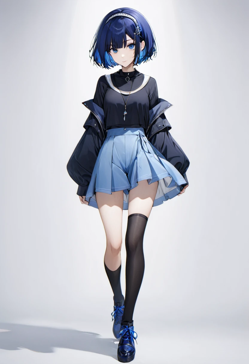 blue hair,blue eyes,short hair,jewelry hairband, short hair, bob cut,full body