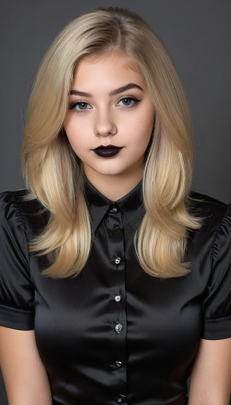 ultrarealistic high quality mugshot photo of a beautiful busty european 18-year-old  girl with cute hyperdetailed shy happy face and shoulder length platin-blonde classic bob and long legs, realistic round eyes, black lipgloss, decent makeup with eyeliner, wearing black button-up satin blouse, cleavage, hourglass body, indoor office photography