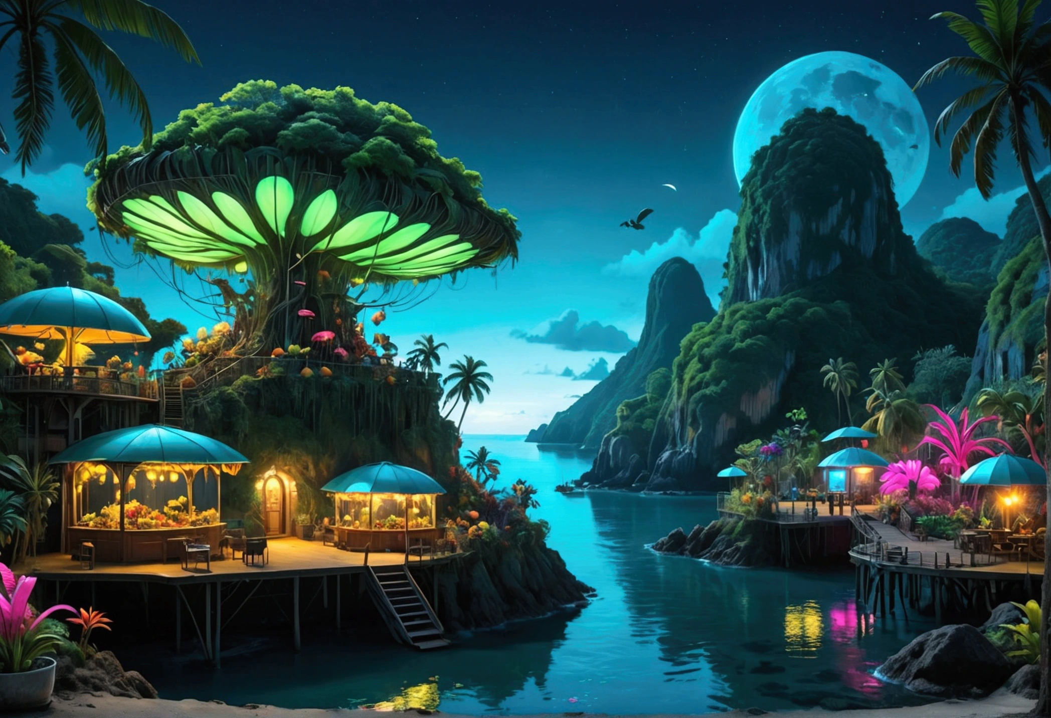 A tropical island filled with (Neon glow, bio mechanical animals), the fruits on the trees are bioluminescent, island at night lit by the animals and fruirs, view along coast