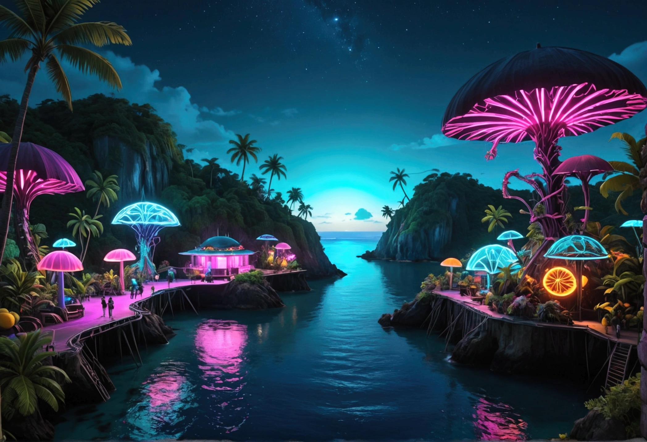 A tropical island filled with (Neon glow, bio mechanical animals), the fruits on the trees are bioluminescent, island at night lit by the animals and fruirs, view along coast