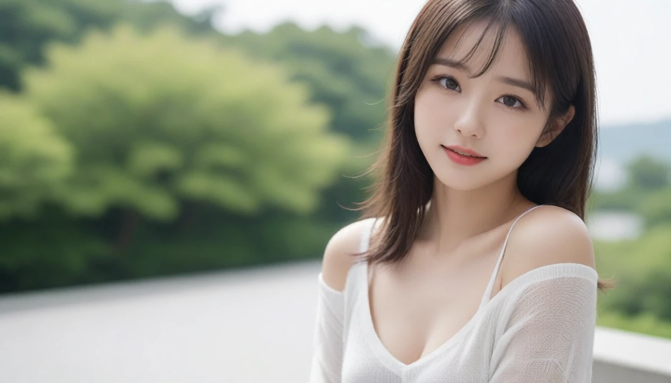 8k, Ultra-high resolution, Highest quality, masterpiece, 三分割法によるphotograph,Surreal, photograph, 1 Girl, (:1.3), pretty girl, Cute Face, Beautiful eyes in every detail, 細かくdetailedに,masterpiece,One Girl:1.2, Japan Female Announcer,extream close up,smile,Black Hair,Messy hair,street tree,Urban area,Young Wife,healthy,Summer knitwear,Décolletage,Natural Makeup,Beautiful clavicle,Realistic Skin, Perfect and beautiful face ,完璧でCute Face, Skin with attention to detail, Perfect limbs、Narrow waist、Thin legs),Looking at the audience、beauty,Long neck、(((Ideal body type))),A cup small breasts :2,Portraiture:2,Perfect Anatomy,鮮明なdetailed,detailed,Surreal,Light and shadow,dappled sunlight