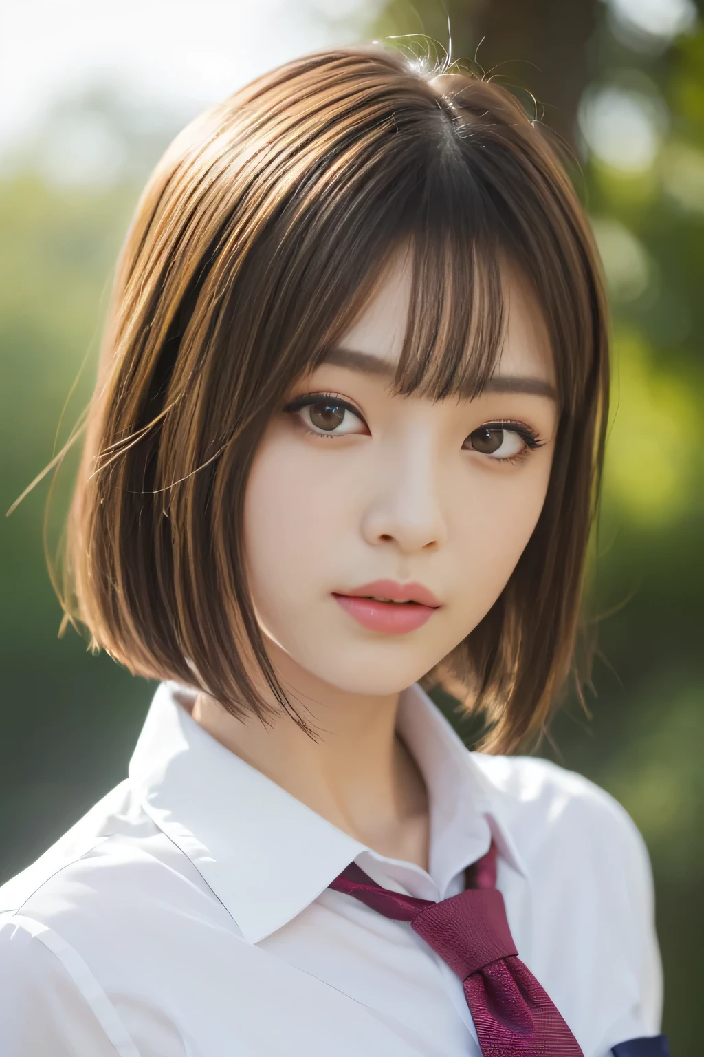 (1 girl:1.3), Face close-up, Focus on the nose, (((The wind is blowing strongly))), brown hair dancing in the wind, (fluffy bob cut hair:1.37), Anxious face, Japanese, 17 year old supermodel, skinny body, high school girl, (From the side), (Highest quality:1.4), 32K resolution, (Realistic:1.5), (超Realistic:1.5), High resolution 32k UHD, (masterpiece:1.2)), (Improvement of quality:1.4), (Very beautiful facial details), (Highest quality realistic skin texture:1.4), (Perfect Anatomy:1.2), (Are standing:1.37), (((school uniform, Red tie, Pink long sleeve blouse shirt:1.37))), Red Plaid Pleated Skirt,  Does not emphasize the bust top, ((No background:1.15)), Accurate Fingers, Symmetrical eyes, Staring at the audience, Natural Makeup, (The most absurd quality of perfect eye:1.25), ((Incredible resolution and clear quality eye)), (Realistic eye),Perfectly round eyes,Detailed pupils,(brown_eye:1.37), compensate:1.21,length_green_eyeliner:1.21,(pink_lipstick:0.9), (Very intricate details:1.2), (Detailed and accurate nose:1.21), Perfect composition, (tired, Sleepy and satisfied:0.0), (Correctly drawn beautiful lips:1.21),(Flat Chest:1.2), (skinny lower body), Gentle light illuminates the face and body, Spectacular and inspiring cinema lighting, 