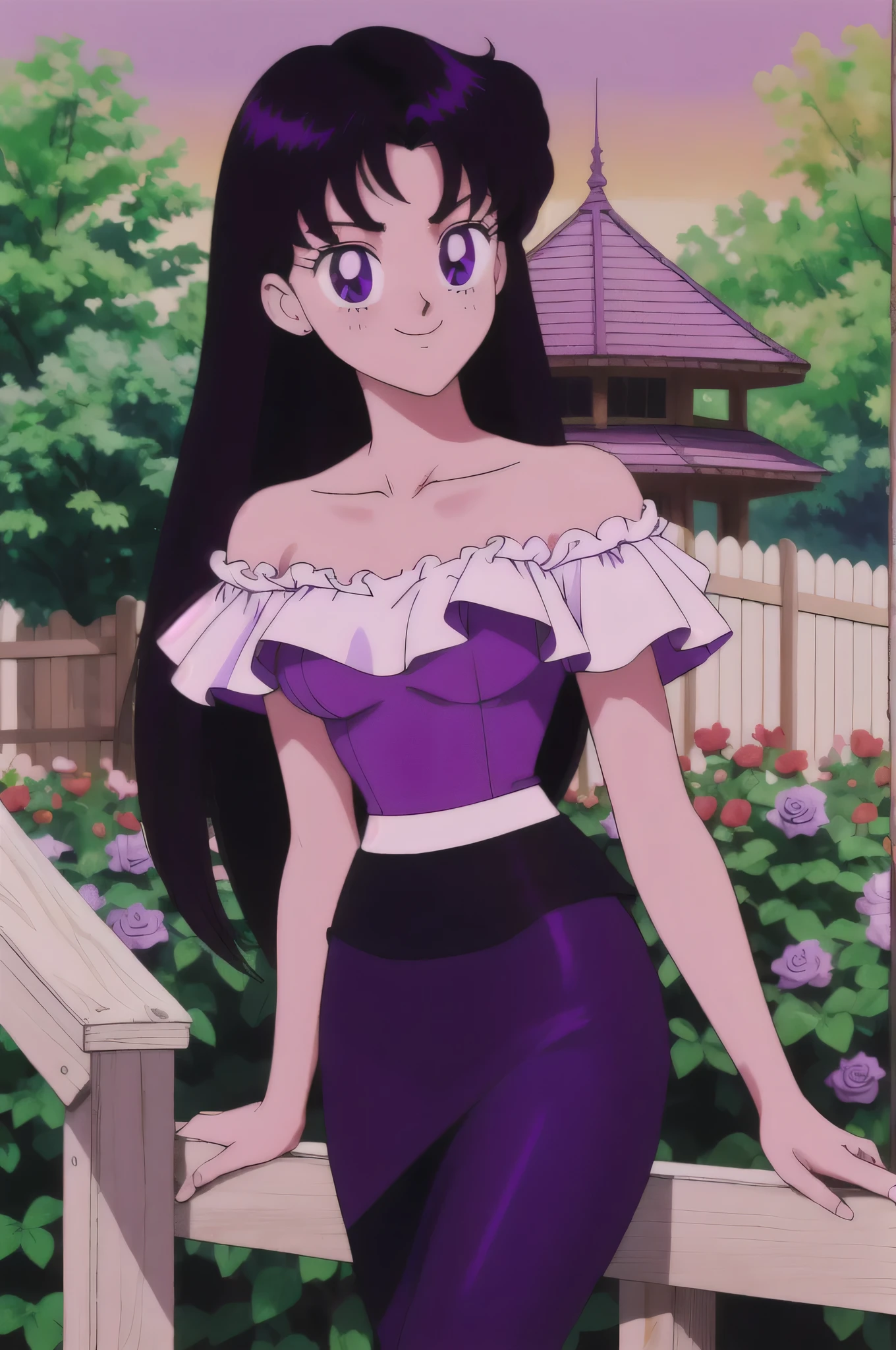 (retro anime girl:1.2), (masterpiece:1.2), (best quality), (ultra detailed), (8k,4k), (half body:1.2), (cowboy:1.2), (close up:1.2), (highly detailed:1.2), (White Ruffle Off-the-shoulder top:1.4), (purple skin tight pencil skirt:1.4), Rei Hino, 1 girl, solo, Best quality, masterpiece, High Definition, Teenager, Purple Eyes, Beautiful Detail Eyes, Black Hair, Long Hair, Good hands at sides, Seductive Smile, Blushing, Bare Neck, Bare Arms, Bare Shoulders, short sleeve, Strapless, White Ruffle Off-the-Shoulder Top, purple skin tight pencil skirt, standing at the railing in her garden, looking at viewers, garden, sunset skies, rose bushes, outdoor gazebo