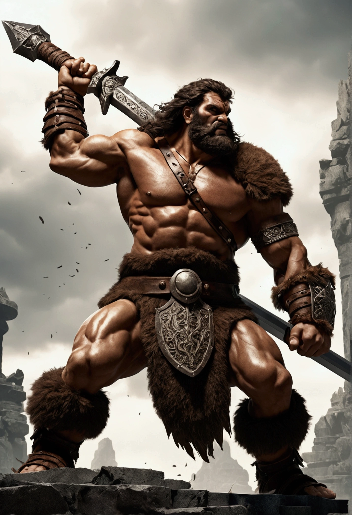 Giant barbarian warrior holding giant sword that touches the ground