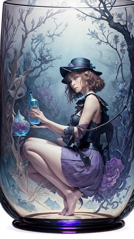 Arthur Rackham, James Jean, George Barbier, Elsa Beskow, Lola Anglada, Remedios Varo, Surrealism, Mysterious, Bizarre, Outlandish, Fantasy, Sci-Fi, Japanese Anime, Miniskirt Beautiful High School Girl Observing the World from inside a Glass Bottle, perfect voluminous body, detailed masterpiece angles perspectives high low 