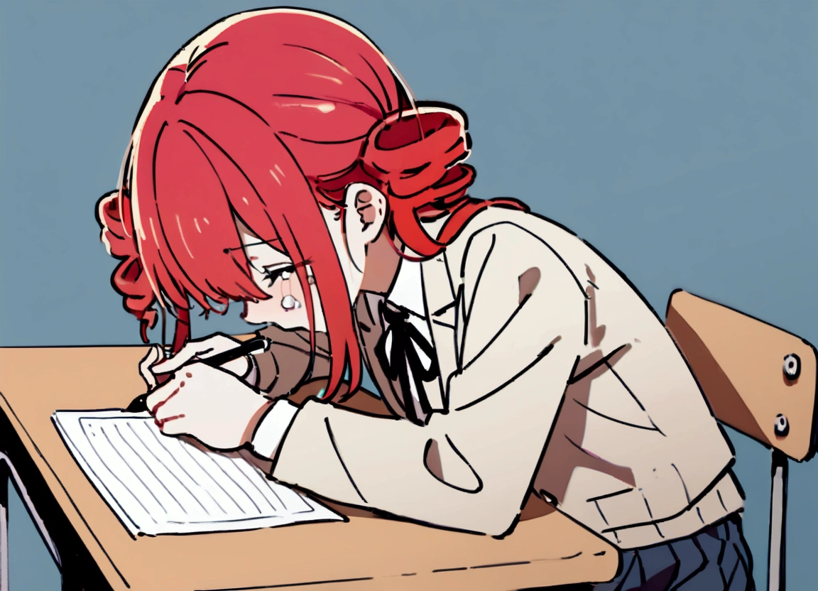 Girl, red hair, school blazer, crying, sitting at desk, taking written test, holding pen