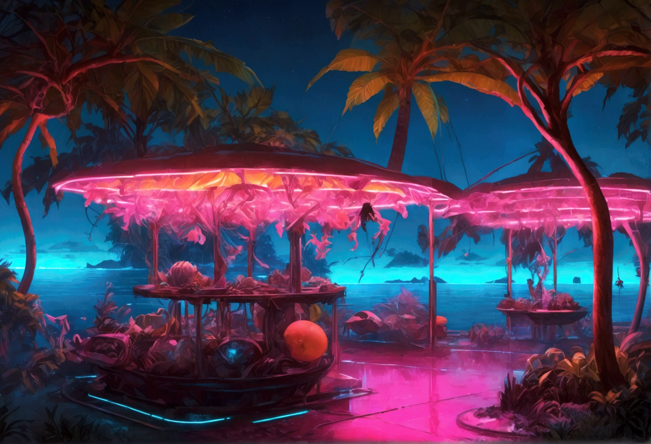 A tropical island filled with (Neon glow, bio mechanical animals), the fruits on the trees are bioluminescent, island at night lit by the animals and fruirs, view along coast
