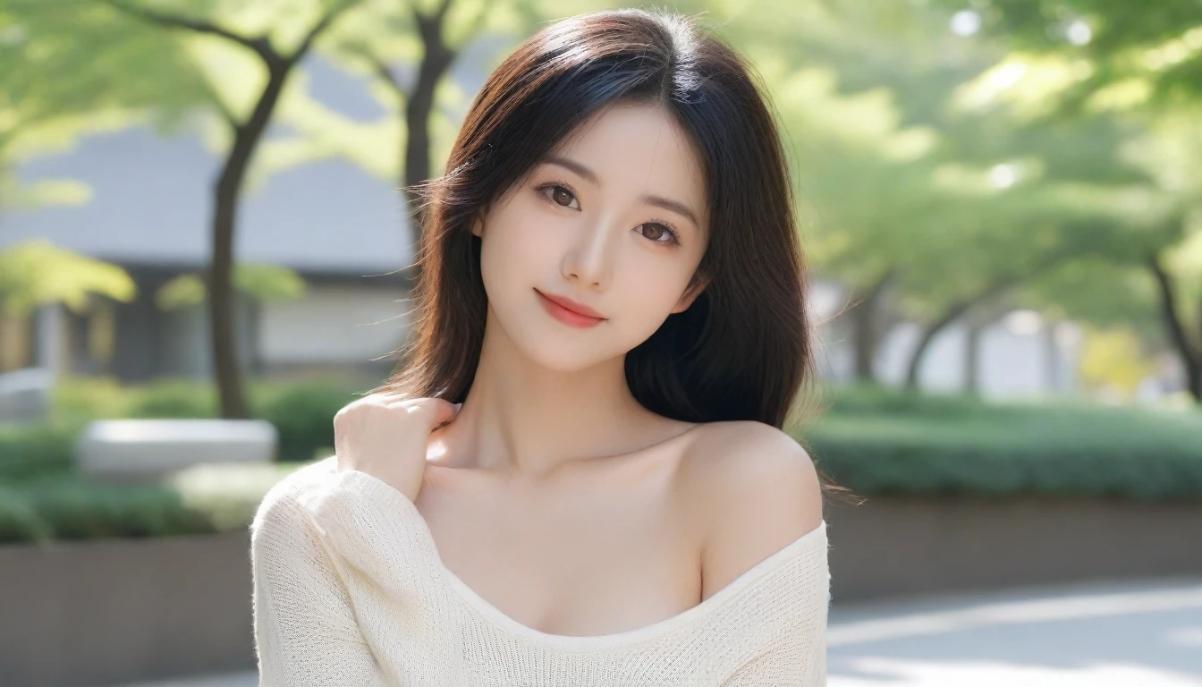 8k, Ultra-high resolution, Highest quality, masterpiece, 三分割法によるphotograph,Surreal, photograph, 1 Girl, (16 years old:1.3), pretty girl, Cute Face, Beautiful eyes in every detail, 細かくdetailedに,masterpiece,One Girl:1.2, Japan Female Announcer,extream close up,smile,Black Hair,Messy hair,street tree,Urban area,Young Wife,healthy,Summer knitwear,Décolletage,Natural Makeup,Beautiful clavicle,Realistic Skin, Perfect and beautiful face ,完璧でCute Face, Skin with attention to detail, Perfect limbs、Narrow waist、Thin legs),Looking at the audience、beauty,Long neck、(((Ideal body type))),A cup small breasts :2,Portraiture:2,Perfect Anatomy,鮮明なdetailed,detailed,Surreal,Light and shadow,dappled sunlight