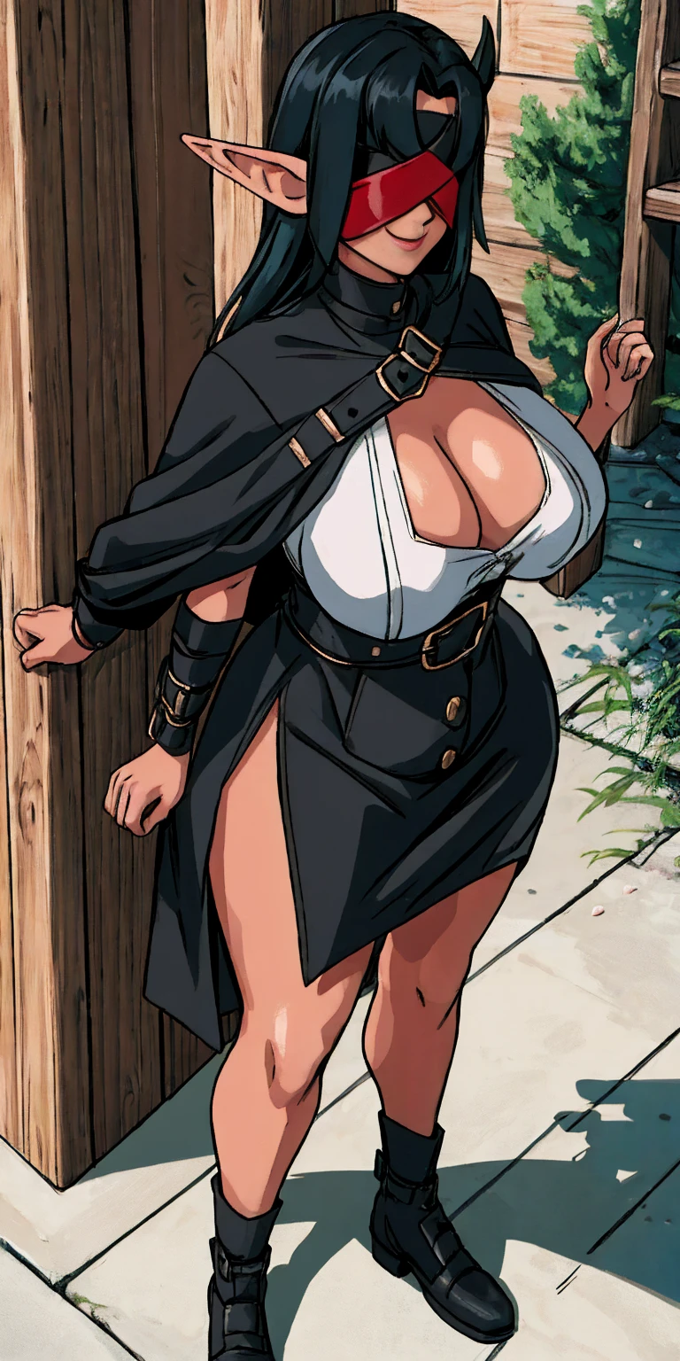 Appearance:
Race: Female Dark Elf
Skin: Dark
Eyes: Blindfolded
Expression: Smiling
Mouth: Closed
Body Type: Maternal
Chest: Large, covered with clothing
Pose:
Standing by a wooden pole, looking down at the viewer