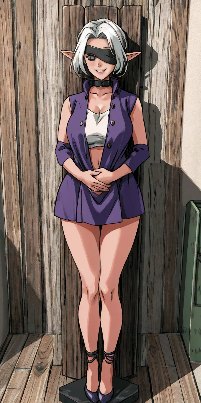 Appearance:
Race: Female Dark Elf
Skin: Dark
Eyes: Blindfolded
Expression: Smiling
Mouth: Closed
Body Type: Maternal
Chest: Large, covered with clothing
Pose:
Standing by a wooden pole, looking down at the viewer