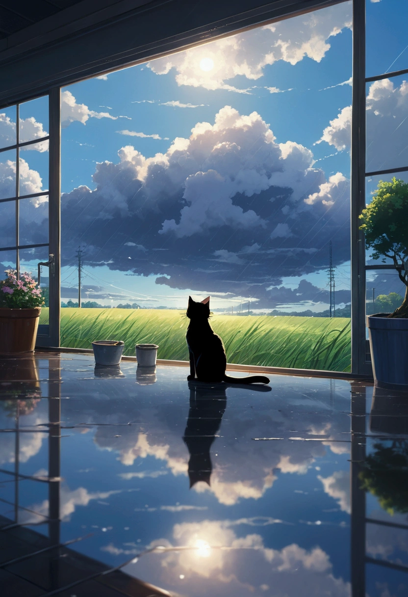 Makoto Shinkai taste, cloudy sky, reflection of light, black cat, after rain, romantic scene, healing scene, rainy day, hope, dark fantasy, light coming from the sky, single, countr
