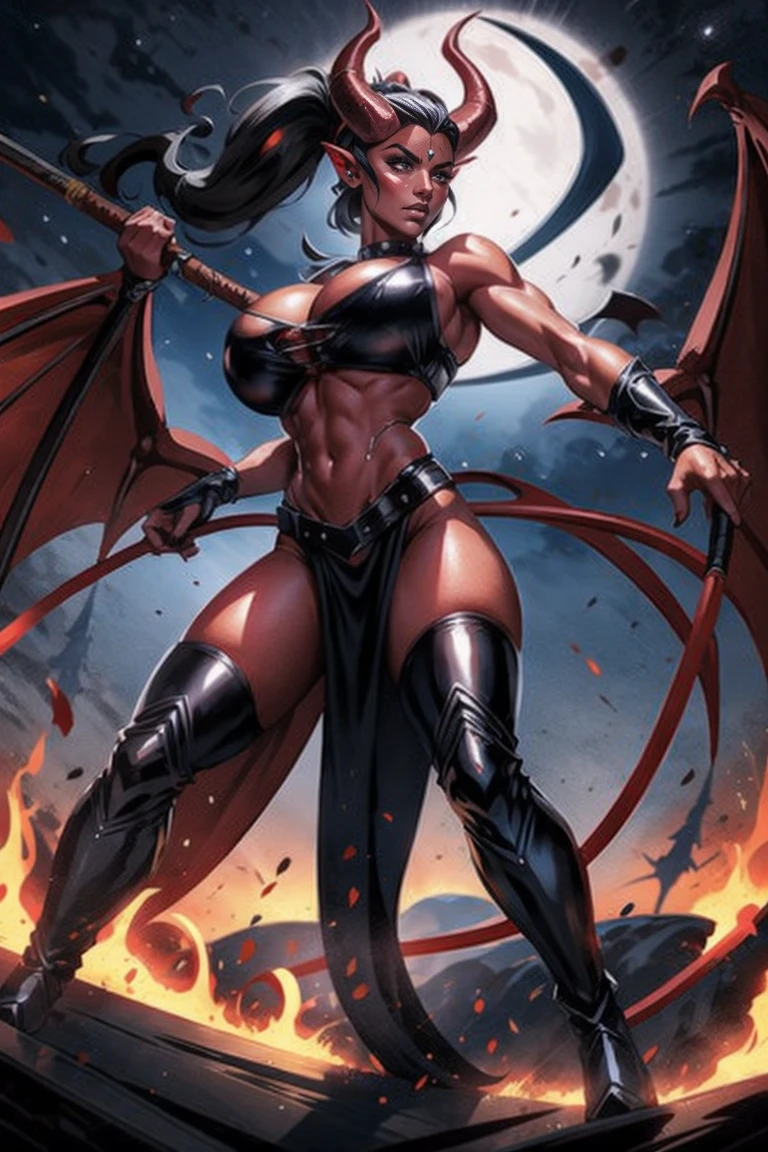 Red skin succubus tiefling, digitigrade legs, medium breasts, black horns, wings, huge tail, black leather, crop top, cleavage, long flowing pelvic curtain, tall, toned, graceful, thin, long black ponytail. Action scene, whip. Dark scene, explosions, night sky.