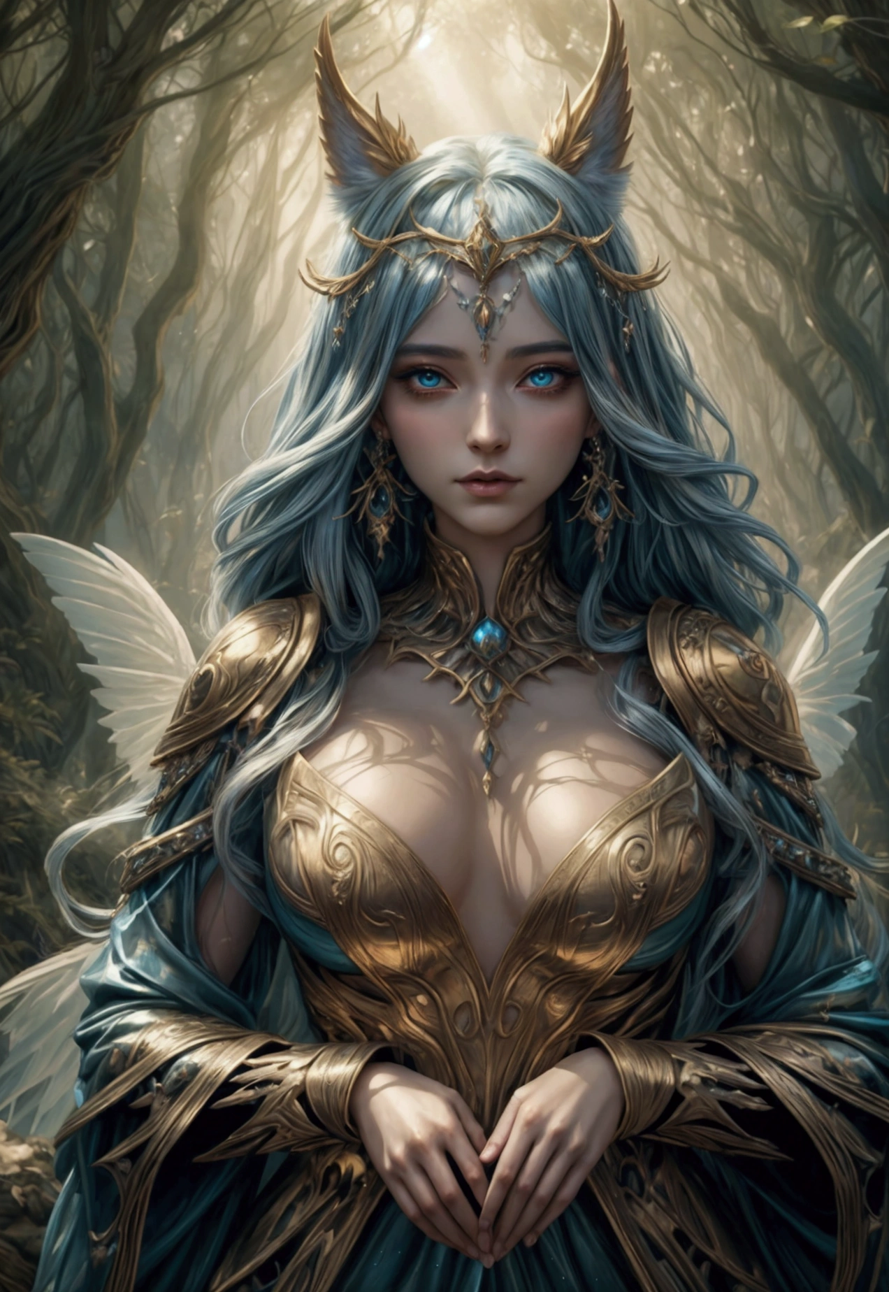 A beautiful, enchantingly elusive humanoid faunus woman, every aspect exudes magic in the midst of danger: shimmering rainbow fur, ethereal golden horn, and eyes that seem to hold the secrets of the universe. The mystical creature is surrounded by a lush, enchanted forest, bathed in the soft light of the setting sun, creating a dreamlike atmosphere that transports viewers to a realm of fantasy and wonder. This breathtaking image is a digital painting that captures the essence of the mythical creature with stunning detail and masterful technique, making it a truly mesmerizing work of art.