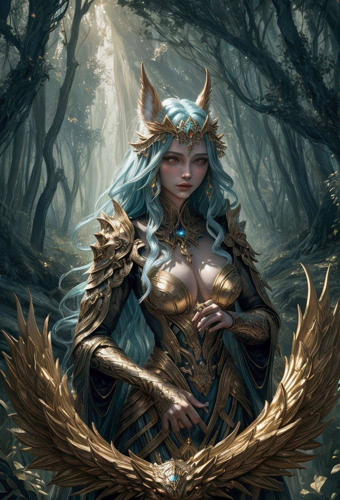 A beautiful, enchantingly elusive humanoid faunus woman, every aspect exudes magic in the midst of danger: shimmering rainbow fur, ethereal golden horn, and eyes that seem to hold the secrets of the universe. The mystical creature is surrounded by a lush, enchanted forest, bathed in the soft light of the setting sun, creating a dreamlike atmosphere that transports viewers to a realm of fantasy and wonder. This breathtaking image is a digital painting that captures the essence of the mythical creature with stunning detail and masterful technique, making it a truly mesmerizing work of art.