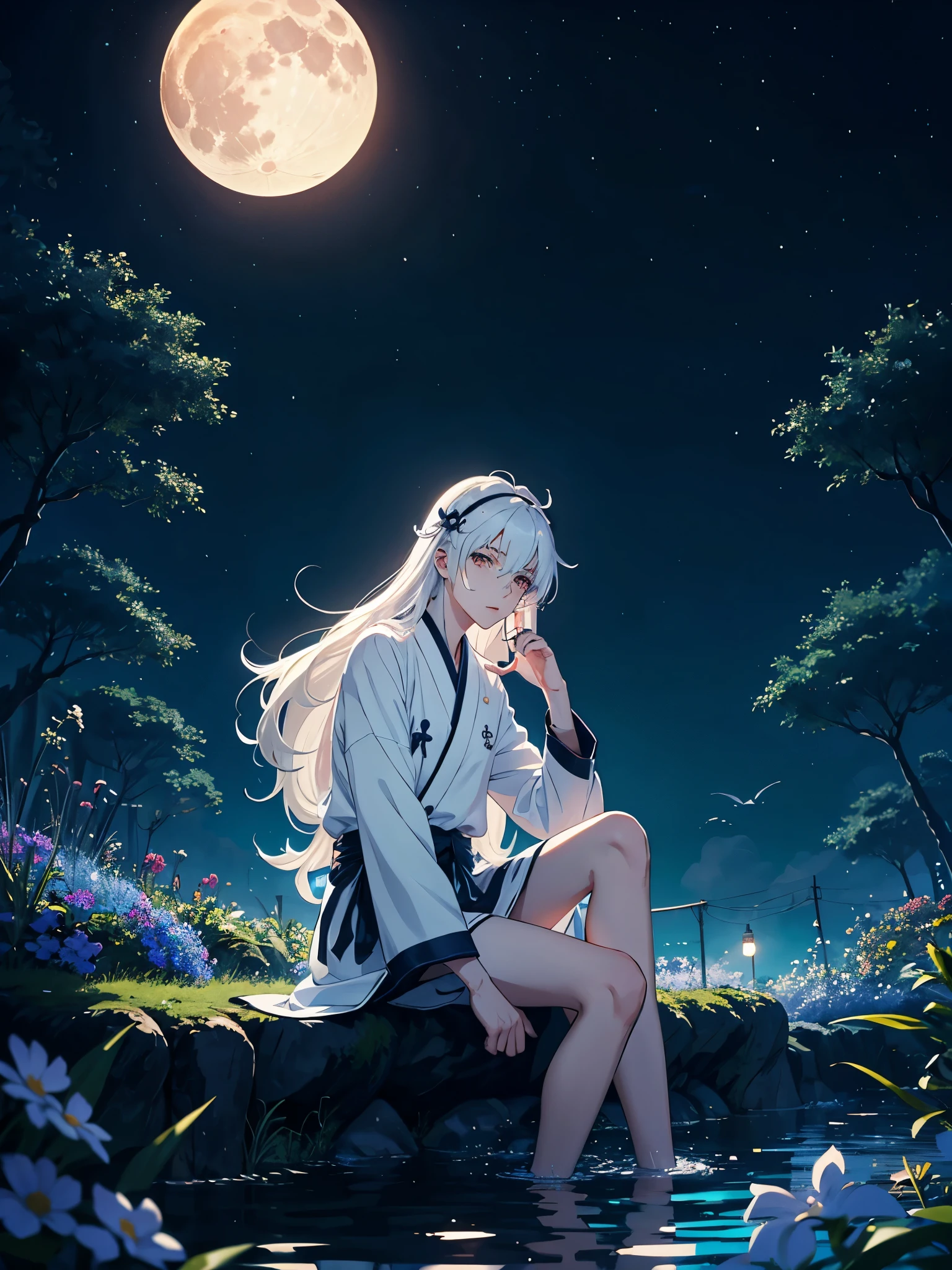 Blauer Mund. Silberner Schmuck. Göttlich. Geweih auf dem Kopf. Kimono. Big Wolf. day lights. More anime. light blue light. Bright bright light. magical. Moon. Sitting on a big white wolf. Lightening flowers. More anime. male. Blue flowers. Long hair. long white hair. aquatic, boy, God of the Moon, silver hair accessories, White hair.