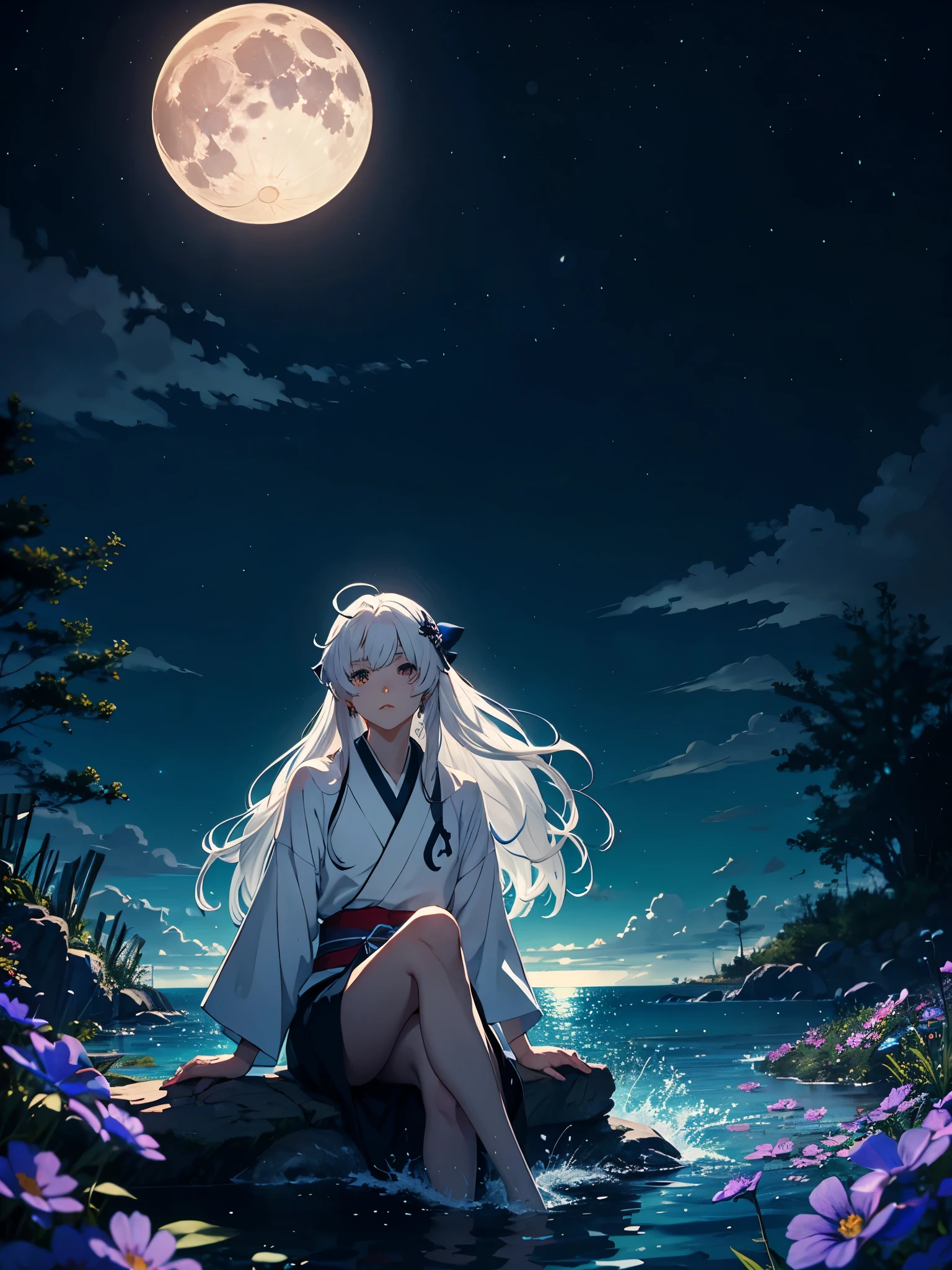 Blauer Mund. Silberner Schmuck. Göttlich. Geweih auf dem Kopf. Kimono. Big Wolf. day lights. More anime. light blue light. Bright bright light. magical. Moon. Sitting on a big white wolf. Lightening flowers. More anime. male. Blue flowers. Long hair. long white hair. aquatic, boy, God of the Moon, silver hair accessories, White hair. 
