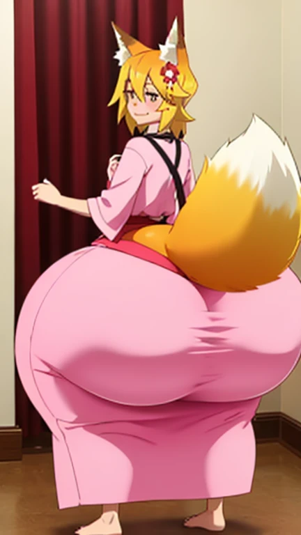 big ass, hyper ass, masive ass, big hips, massive hips, hyper hips, ass bigger than head, young gir, pink pijama, teenege girl, back view, sen, blonde hair, animal ears, fox ears, blush, animal ear fluff, hair ornament, fox girl, hair flower, hair between eyes, short hair, fox tail, tail, medium chest, yellow eyes, ass focus, japanase dress off, seductive smile
