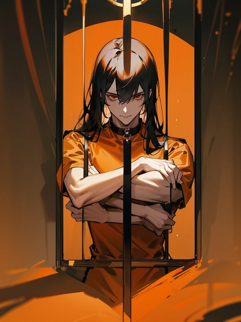 a man, Black long straight hair, dark red eyes, Slender and tall, prisoner, Perfect male body, Looking at the camera, (Orange prison uniform, Hold your arms tight, Smile, cell), portrait, Dramatic shadows, Prisoner, Chained, Cage