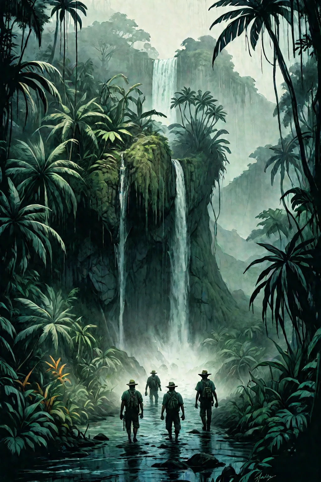 mysterious island, cinematic, image within image, multiple exposure, showcase island, over the shoulder, traversing path, tropical, rewilding, entropy, gritty, noir, 1990s, hand drawn, realism, traveling through jungle, waterfall, sense of adventure and danger, rough expressive sketch style, 