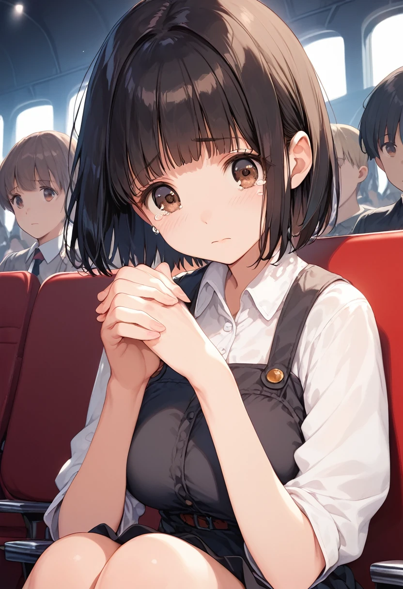 score_9,score_8_up,score_7_up,masterpiece,best quality, source anime, official art, super detailed, extreme detailed, rating_safe,
1girl, sitting on seat, watching a movie, clenched hands, own hands together, upper body, not facing the camera,
BREAK girl, 22yo, short hair, bob cut, (blunt bangs), black hair, (tareme, detailed cute brown eyes), curled eyelashes, (large breasts:0.9), 
shiny hair, beautiful detailed eyes, beautiful face,
white collared shirt, black tight mini skirt,  
sad, crying, 
movie theater,  (darkness:1.3), 