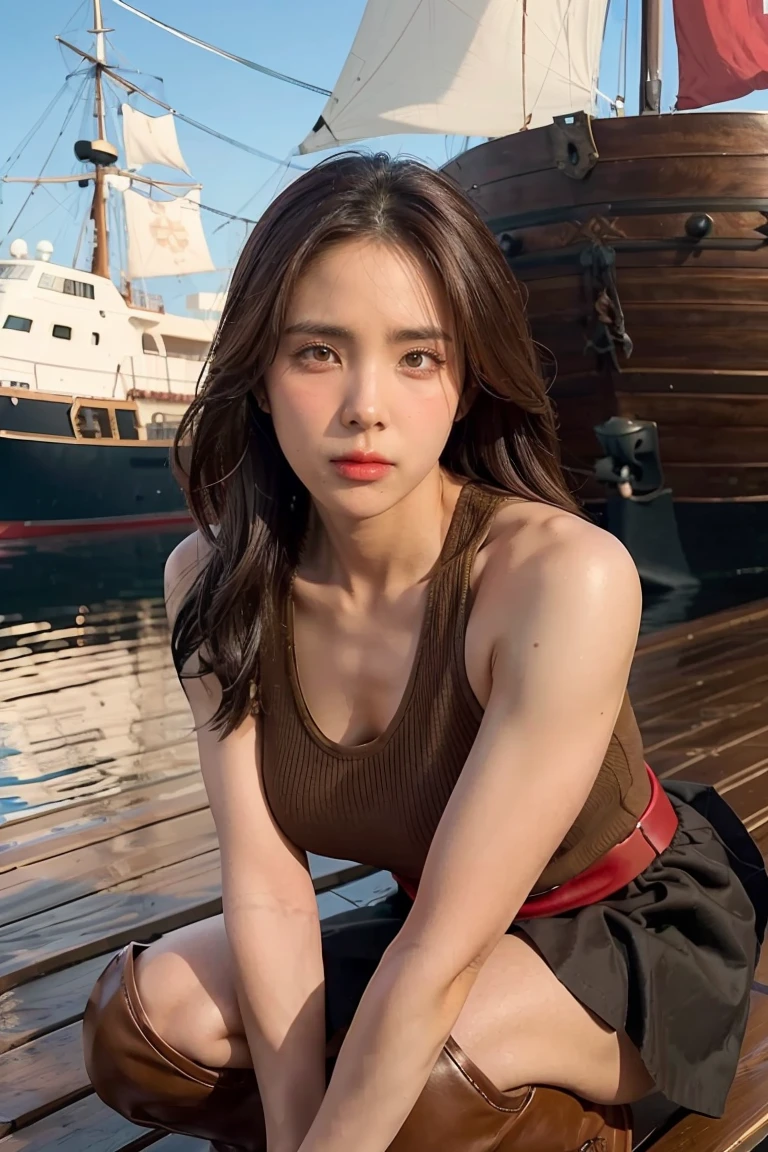 mature female, extremely muscular, brown eyes, shoulder-length brown hair, wearing tan greek evzonas with red detailing, tall black boots, outdoors, wooden ships deck, 8k, Unreal engine, highly detailed, dramatic angle,, 