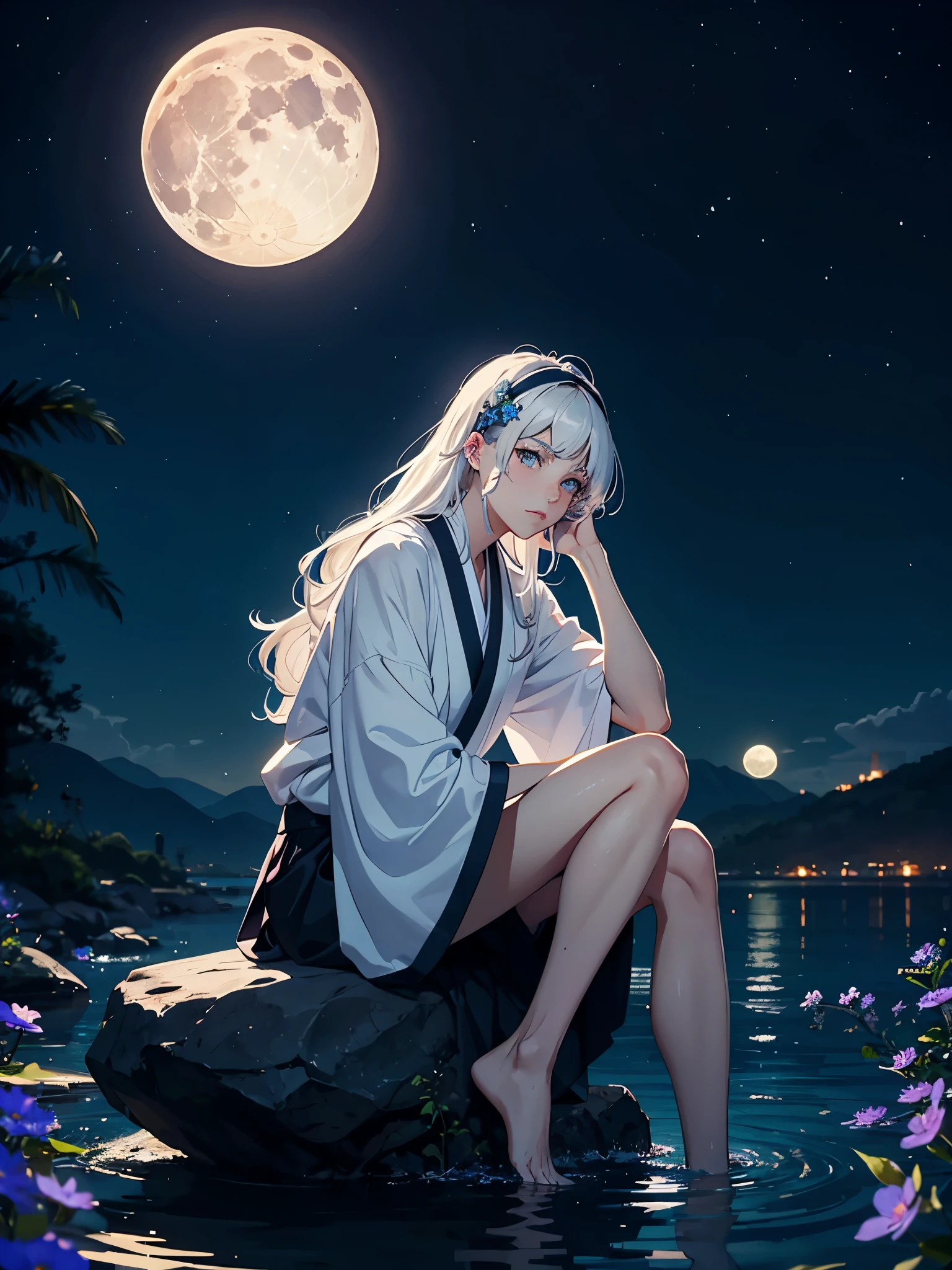 Schmuck silbern. Blauer Mond. Göttlich. Geweih auf dem Kopf. Kimono. Big Wolf. day lights. More anime. light blue light. Bright bright light. magical. Moon. Sitting on a big white wolf. Lightening flowers. More anime. male. Blue flowers. Long hair. long white hair. aquatic, boy, God of the Moon, silver hair accessories, White hair.