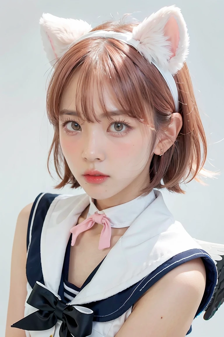 skistyle, 1girl, solo, pink hair, animal ears, blue eyes, wings, looking at viewer, mole, bangs, short hair, bow, sailor collar, simple background, white sailor collar, mole under mouth, hair bow, pink bow, closed mouth, shirt, white shirt, bear ears, bob cut, mini wings, grey background, portrait, detached wings, makeup, upper body, white background