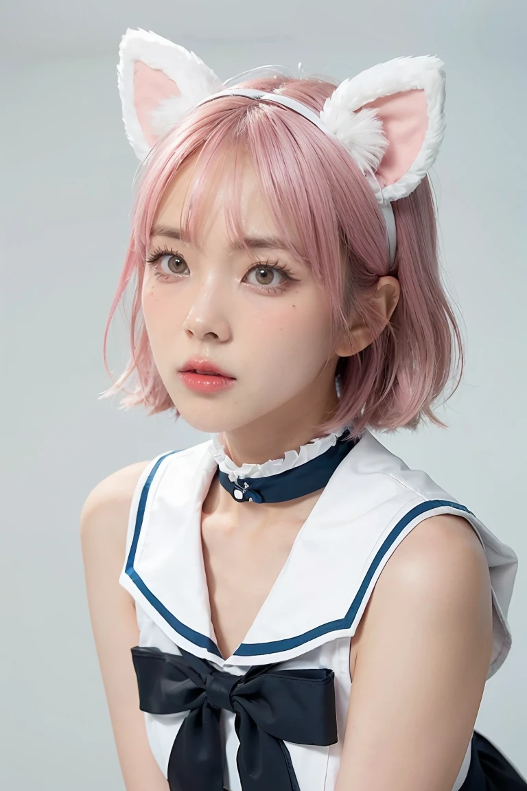 skistyle, 1girl, solo, pink hair, animal ears, blue eyes, wings, looking at viewer, mole, bangs, short hair, bow, sailor collar, simple background, white sailor collar, mole under mouth, hair bow, pink bow, closed mouth, shirt, white shirt, bear ears, bob cut, mini wings, grey background, portrait, detached wings, makeup, upper body, white background