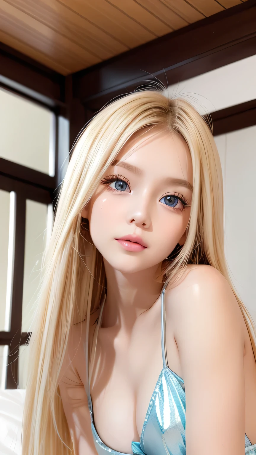 Beautiful Scandinavian girl with beautiful, shiny, bright blonde, mysterious hair.、Super long straight silky hair、Sexy and very beautiful shiny pretty face、Beautiful, glowing skin、Mysterious blonde light reflecting dazzlingly、Beautiful, cute and sexy, shining pale bright sky blue big eyes、Very big eyes、Beautiful super long shiny silky blonde hair、Swing your bangs in front of your eyes、Sexy 16 year old cute little beautiful girl、Blonde hair above the eyes、片Blonde hair above the eyes、Blonde hair between the eyes、Cheek highlighter、Small Face Beauty