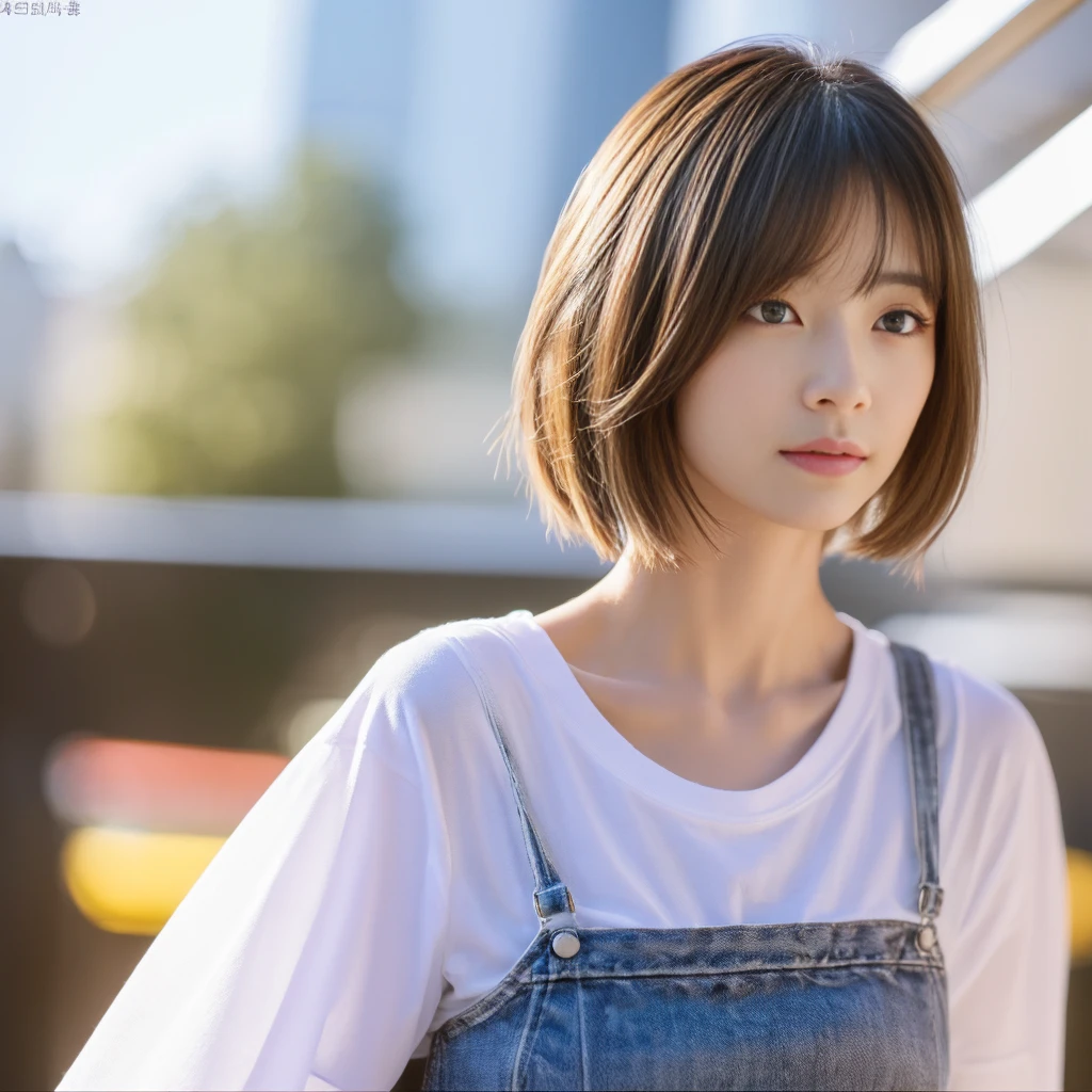 ((Highest quality、In 8K、masterpiece:1.3))、Sharp focus:1.2、Beautiful woman perfect body:1.4、Slim Abs:1.2、((Short Hair:1.2))、(trendy fashion in tokyo、T-Shirts:1.1)、Background white、Wet body:1.5、Three-dimensional texture、Detailed eyes、（Brown Hair、Black Hair:1.2)、Very shiny hair、Backward view、Hair quality improvement、Handsome short、Short-haired blonde、No text、Lower text eraser