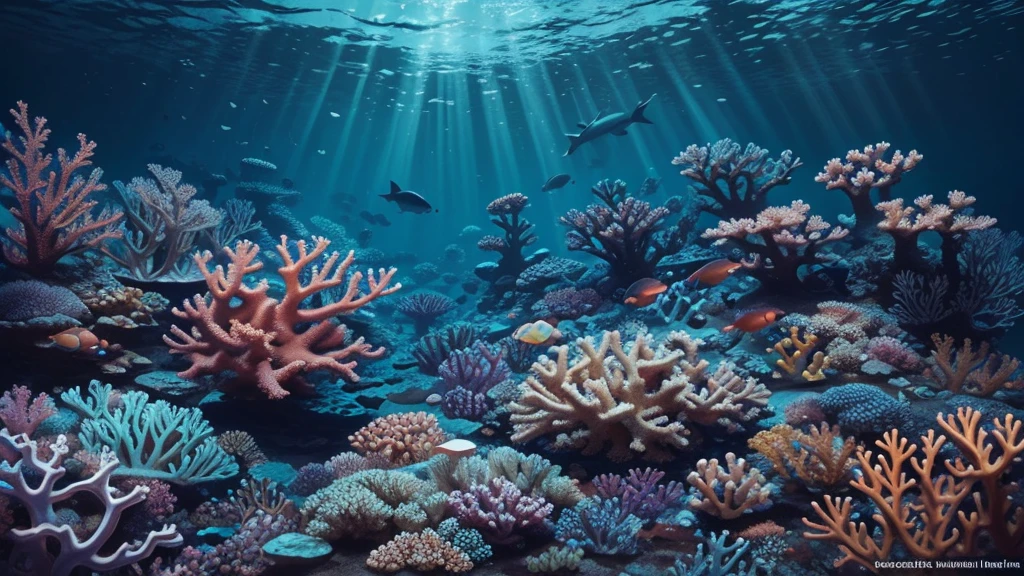 Illustrate an underwater coral reef glowing with bioluminescent colors, teeming with vibrant marine life.