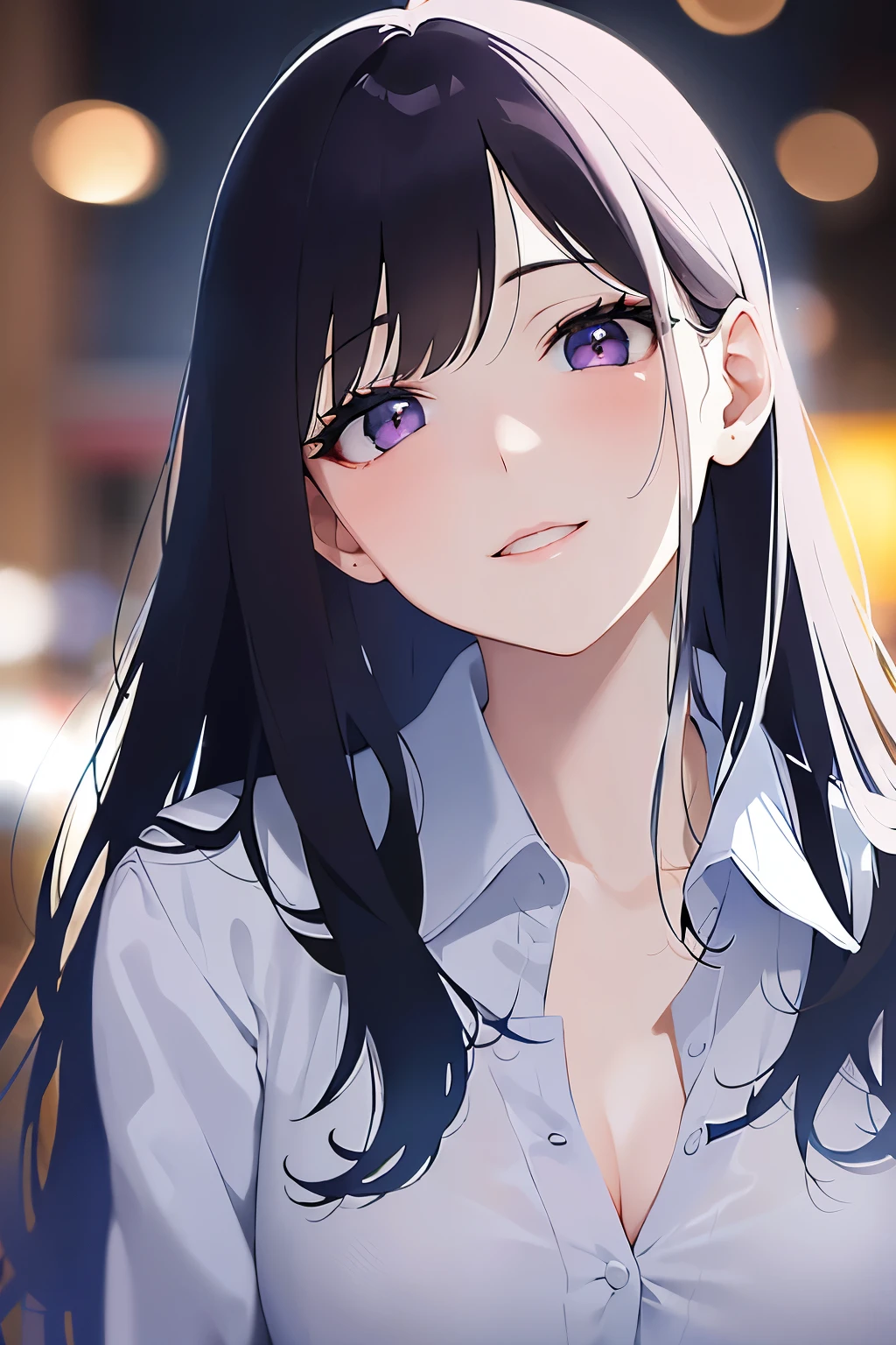 hand on own face、Close-up of your face、head tilt, Cleavage、Realistic, real person, (pale skin: 1.2), RAW photo, photorealistic, shiny skin, shiny hair、(A 25-year-old woman with straight hair and bangs) and (medium hair) and (black hair) and (purple eyes) , (white) and (collared shirt)、smile, (blush:1.3), The background is a shopping street at night、Alone、Are standing