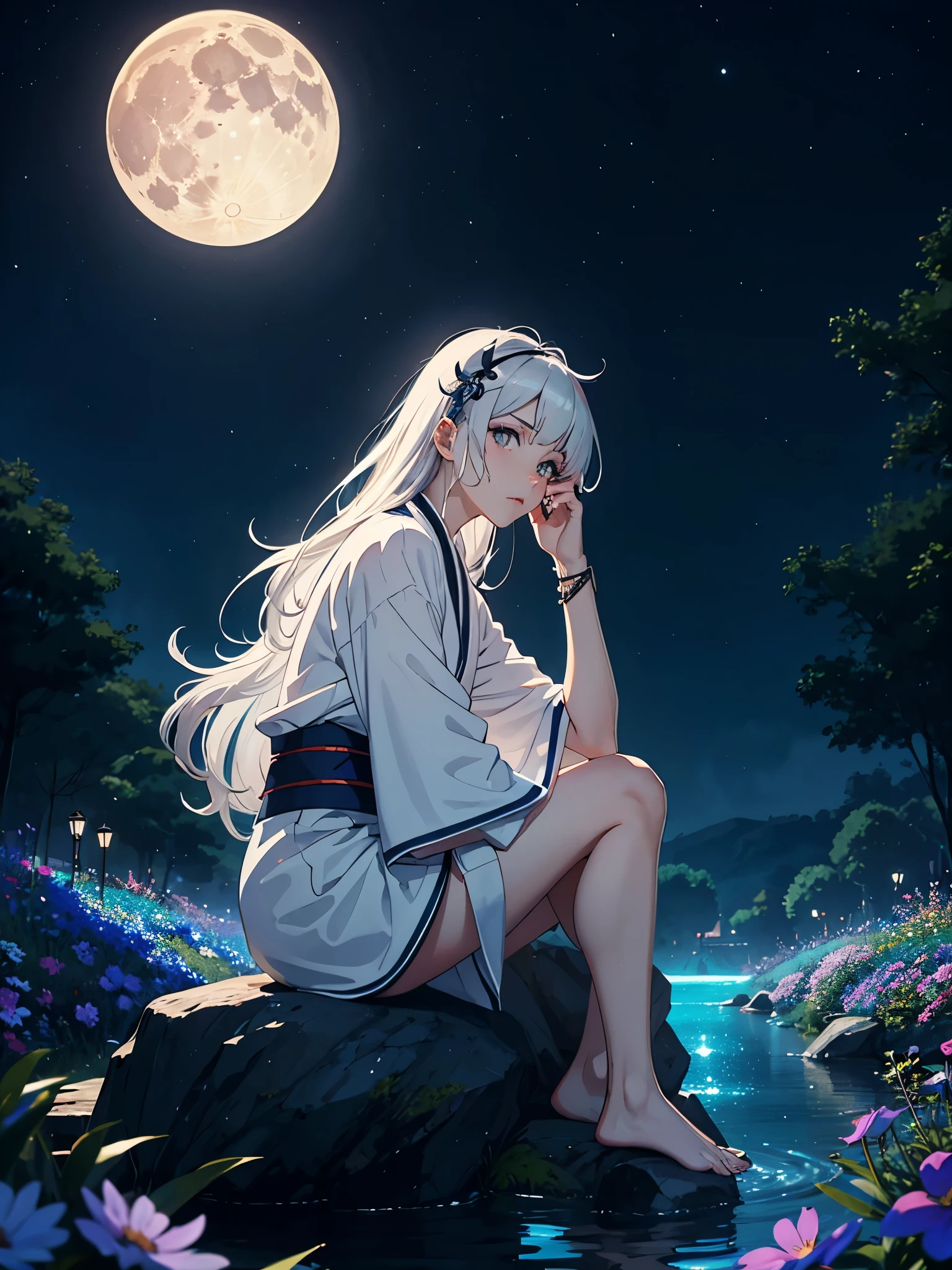 Schmuck silbern. Blauer Mond. Göttlich. Geweih auf dem Kopf. Kimono. Big Wolf. day lights. More anime. light blue light. Bright bright light. magical. Moon. Sitting on a big white wolf. Lightening flowers. More anime. male. Blue flowers. Long hair. long white hair. aquatic, boy, God of the Moon, silver hair accessories, White hair.
