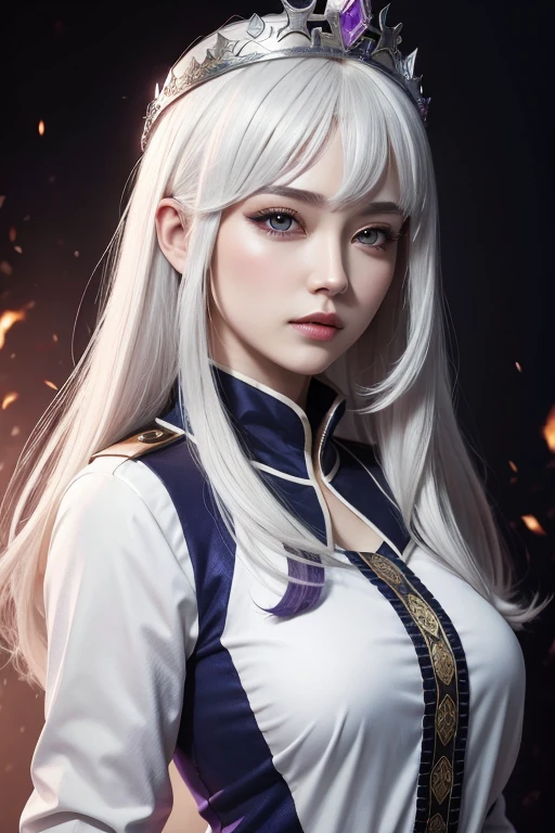 free fire style female character, white loose hair , with a crown, with an ancient mask , purples eyes, with a navy-looking blouse