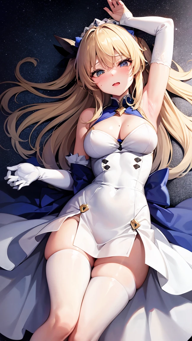 Rabbit Arturia&#39;s hairstyle, Artoria the Rabbit Cosplay Costume, One girl, Pectoral muscle, alone, Blonde, Green Eyes, French Braidings, Long Hair, Big ample breasts, Cleavage, ponytail, Side Lock, Bans, belly button, Looking up at the viewer, Bare shoulders, Braiding, Hair between the eyes, ウサギのPause, tiara, Ahegao, Blushing huge saggy breasts:1.8, Huge chubby sexy :1.9, Huge Sexy , Sexy Legs:2.0, , Prohibited to wear, No clothes, White transparent tights, Hugging legs, Hug my feet, Hugging legs, squats and leg hugs,  Pause, Lying down , Lie down with your legs hugged, You are so sexy