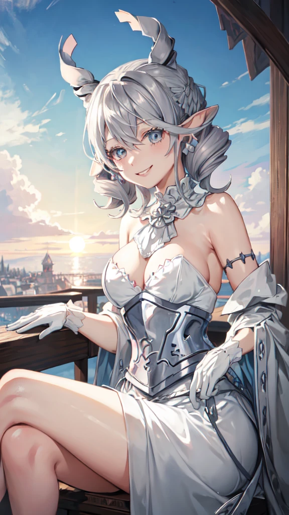 garden sun light High level image quality best image quality 8K adult woman silver castle outside more colors whole body view portrait naked super large breast horn ears short hair((shortcut)(gray hair)(perm)(fluffy)) eye color is blue , , attractive evil face , smile , sexy pose , labrynth , barearm , gloves , wearing white , standing , view foot arc , view side