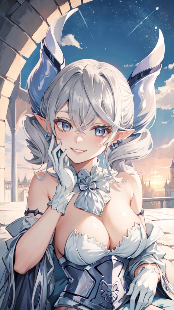 Beautiful arts wallpaper Sunset Outside castle top  High level image quality　best image quality　8K　 adult woman   silver castle outside  more colors   whole body view　portrait　 bikini blue   　horn    ears  　short hair（（shortcut）（gray hair）（perm）（fluffy））　eye color is blue ,  , 　attractive evil face , smile      ,  labrynth ,  barearm  ,gloves   , wearing pink   , sitting , 