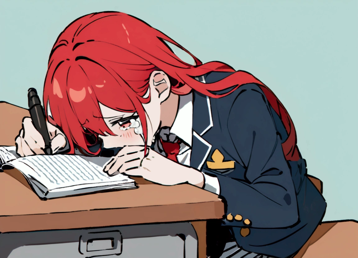 Girl, red hair, school blazer, crying, sitting at desk, taking written test, holding pen