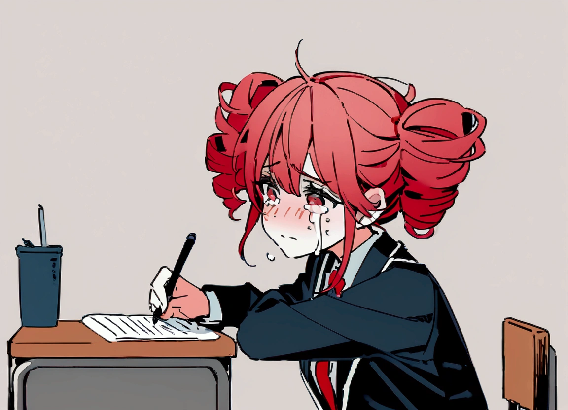 Girl, red hair, school blazer, crying, sitting at desk, taking written test, holding pen