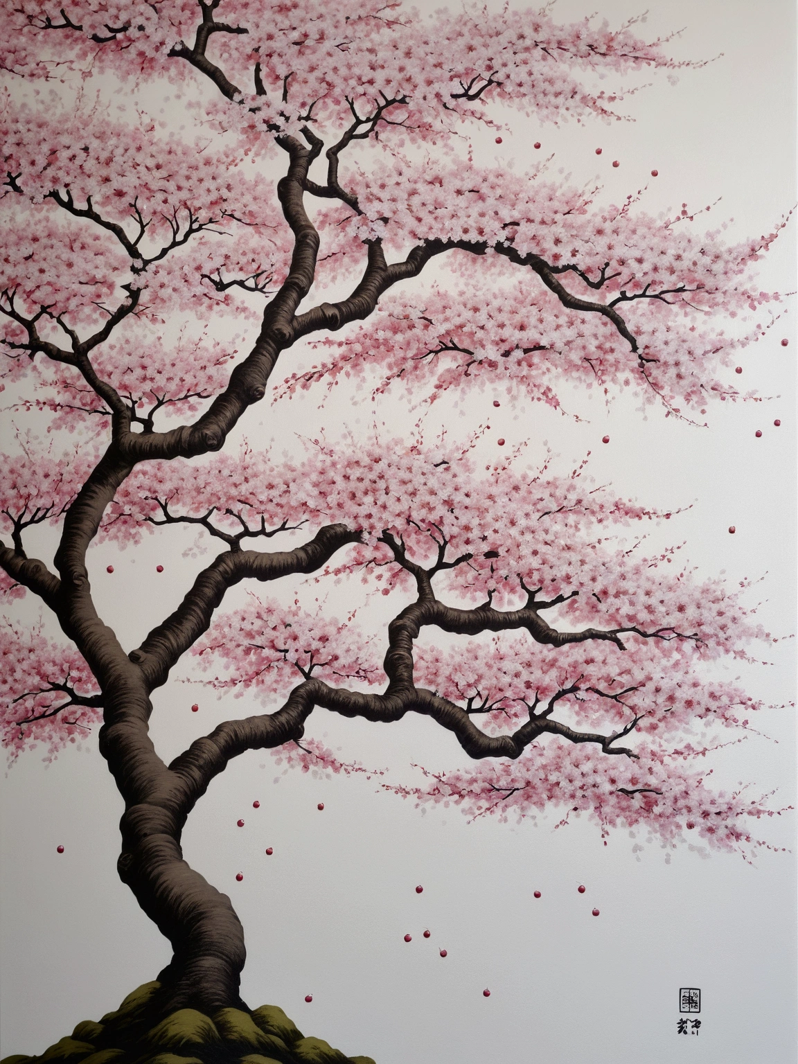 (best quality,4K,8ก,height,Masterpiece:1.2),Very detailed,realistic:1.37,photorealistic:1.37,Japanese wall art,simple,cherry,3d,Superb details, Peace of Ethereal Sakura, Minimalist cherry blossom art, luxury canvas