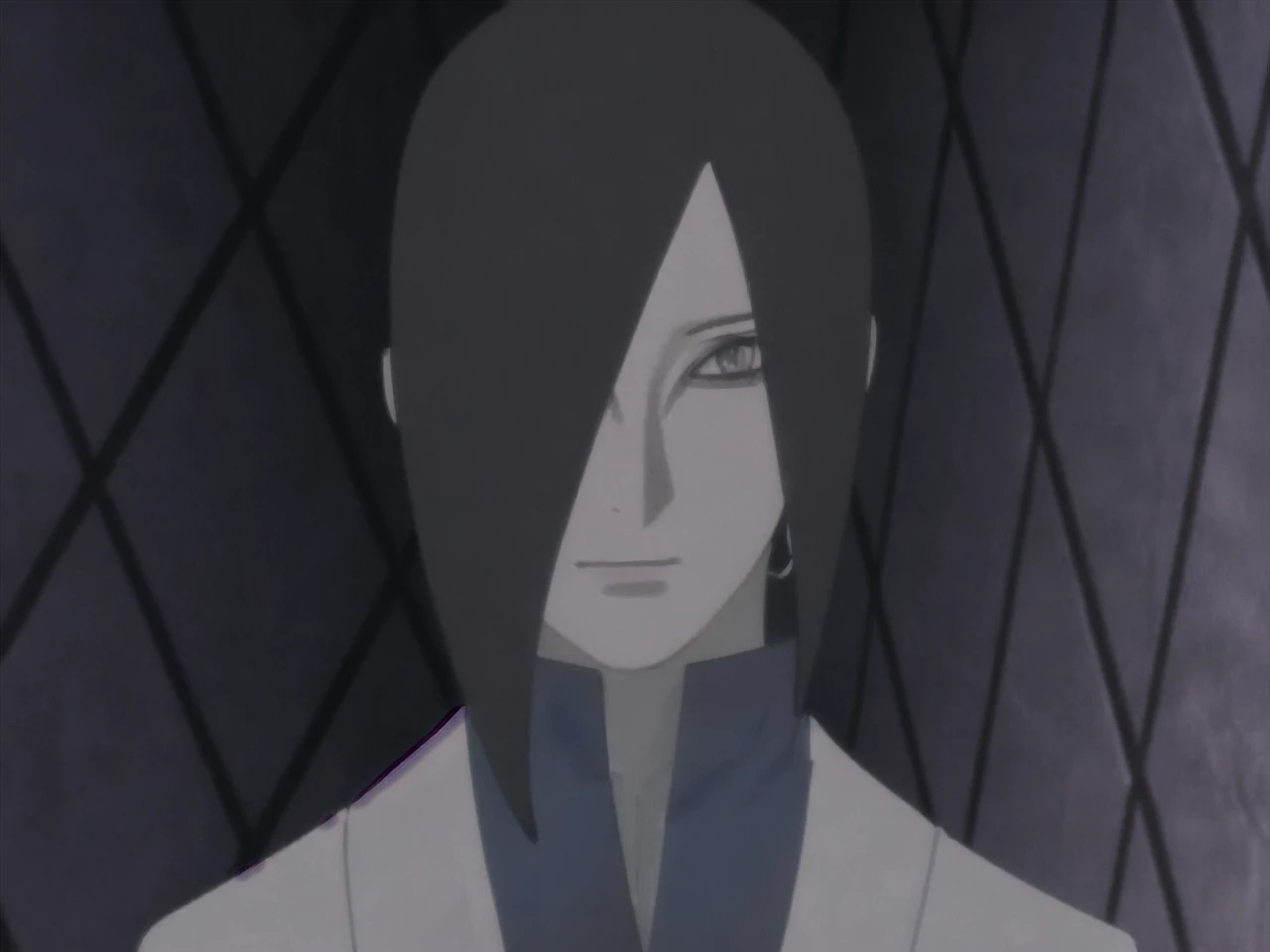 work of art, high qualiy, best qualityer, comely, High definition, perfect lighting, face detailed, body detailed, 1 girl, standing alone, (Long black hair), eyes browns, medium breasts, ((outfit with black suit and tie)), ((black gray skirt)), the character is orochimaru from naruto