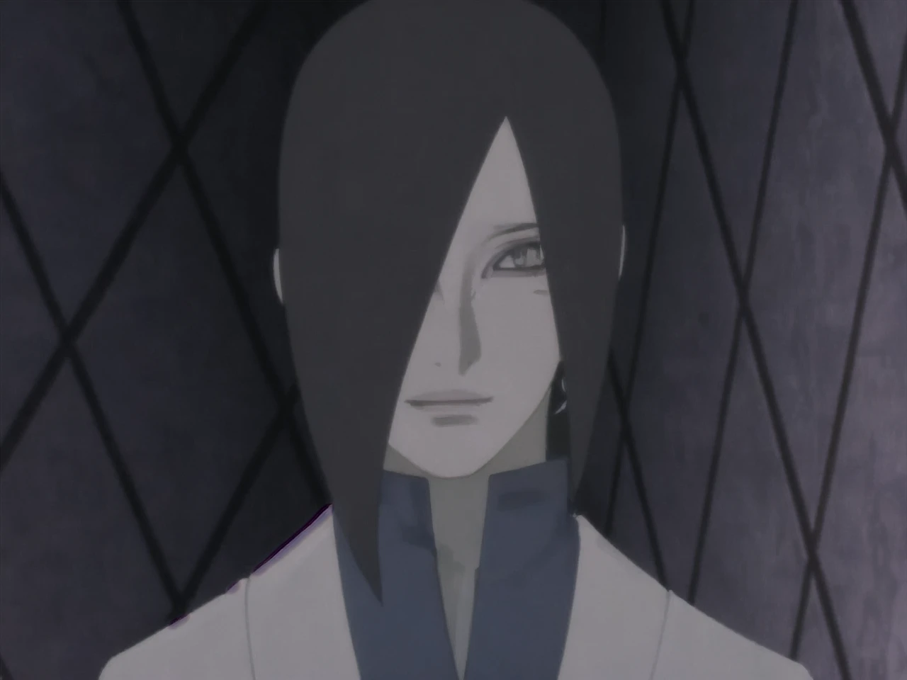 work of art, high qualiy, best qualityer, comely, High definition, perfect lighting, face detailed, body detailed, 1 girl, standing alone, (Long black hair), eyes browns, medium breasts, ((outfit with black suit and tie)), ((black gray skirt)), the character is orochimaru from naruto