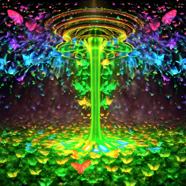 rainbowcolored multiglowing fountain of youth in the deep green forest, from below, rainbowcolored glowing butterflies, cinematic angle, realistic, hyper-realistic, photorealistic, (best quality,4k,8k,highres,masterpiece:1.2),ultra-detailed,(realistic,photorealistic,photo-realistic:1.37),vivid colors,dramatic lighting,