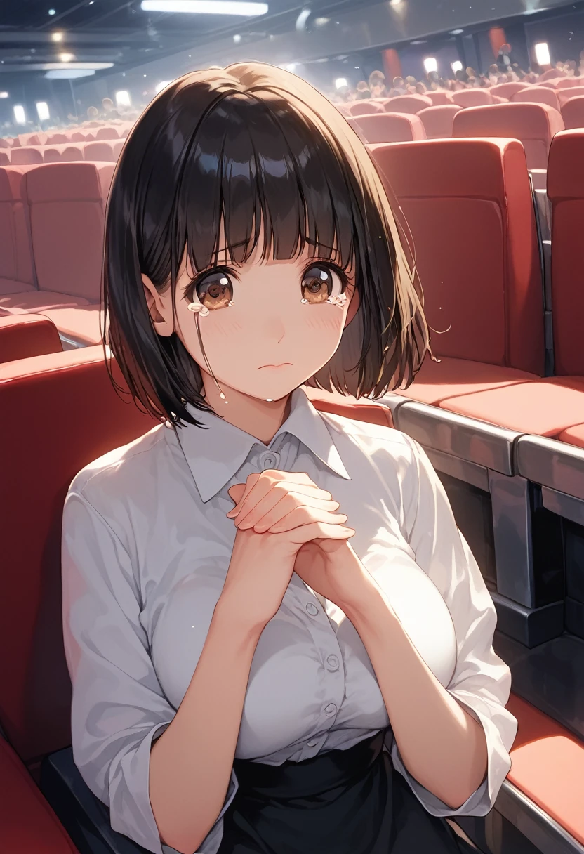 score_9,score_8_up,score_7_up,masterpiece,best quality, source anime, official art, super detailed, extreme detailed, rating_safe,
1girl, sitting on seat, watching a movie, clenched hands, own hands together, upper body, not facing the camera,
BREAK girl, 22yo, short hair, bob cut, (blunt bangs), black hair, (tareme, detailed cute brown eyes), curled eyelashes, (large breasts:0.9), 
shiny hair, beautiful detailed eyes, beautiful face,
white collared shirt, black tight mini skirt,  
sad, crying, 
movie theater,  (darkness:1.3), 