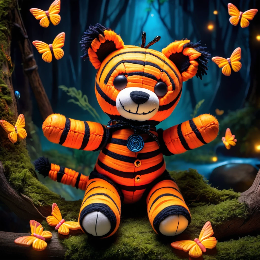 (knitted toy voodoo doll:1.8), (Voodoo Tigger:1.3), (Clothing: orange and black striped fur with a playful grin:1.0), (Accessories: enchanted bouncing tail, glowing honey jar, mystical Eeyore's tail:1.2), (background: enchanted forest with floating, glowing butterflies and magical light:1.2), best quality, masterpiece, detailed soft oil painting, detailed background, dramatic cinematic lighting, soft edge lighting, professional, dramatic lighting, hard edge lighting, ultra quality, 4k, masterpiece, best quality, 8k, ultra high definition, high resolution, extremely detailed