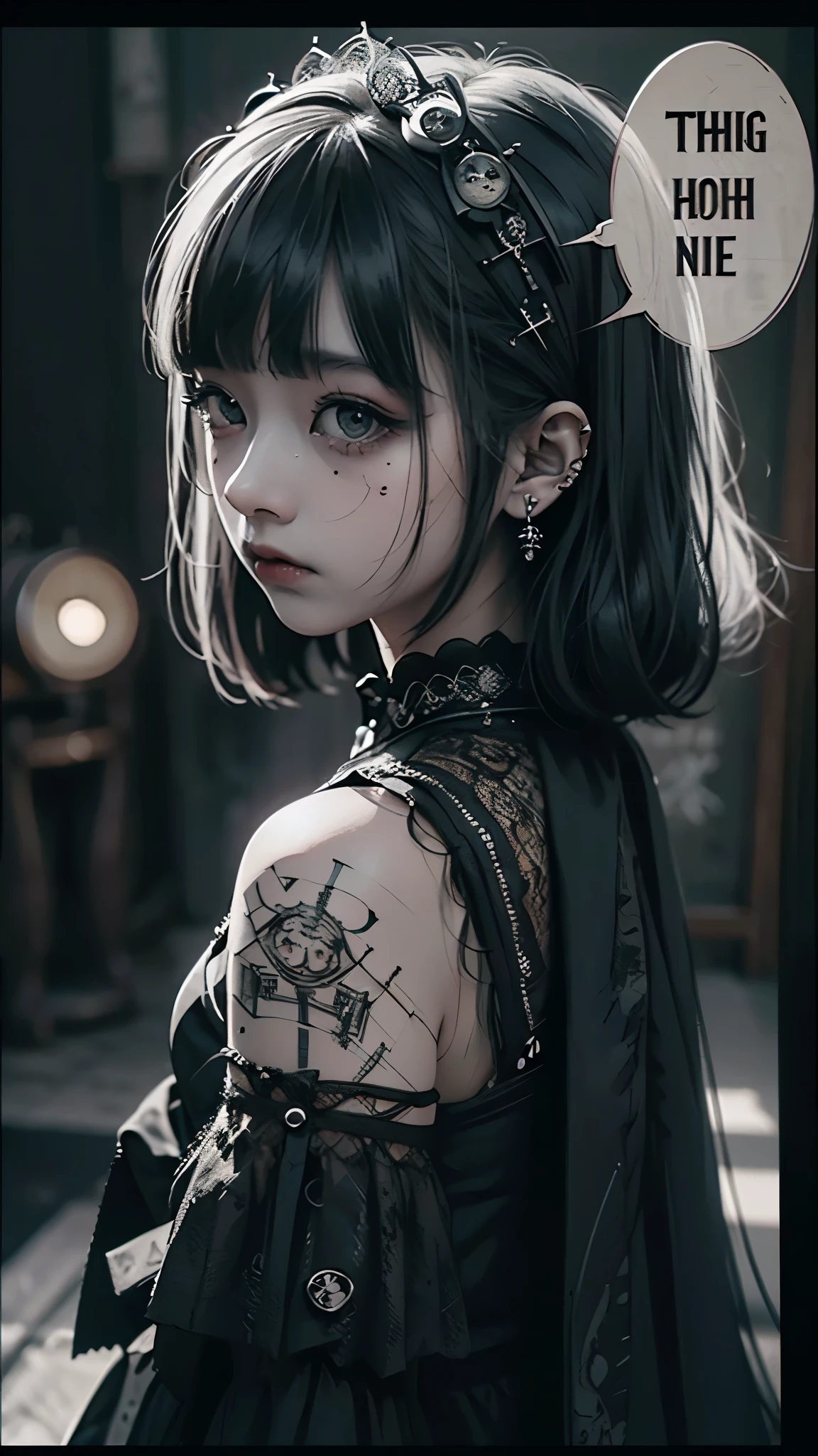 five-panel comic, gothic girl, big eyes, detailed linework, black and white, elegant dress, vintage lace, dark background, melancholic mood, big speech bubbles, baroque influences, thin pen lines, screen tones, dot shading, selective coloring, red, light green, light blue, Japanese manga style